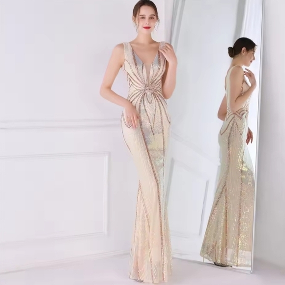 Champagne and Gold,  V Neck,  Striped,  Contrast Sequined Mermaid Gown - Picture 10 of 13